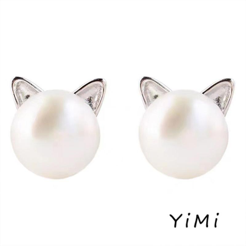 Bông Tai Bạc 925 Hình Tai Mèo Đính Ngọc Trai Dễ Thương Cho Nữ