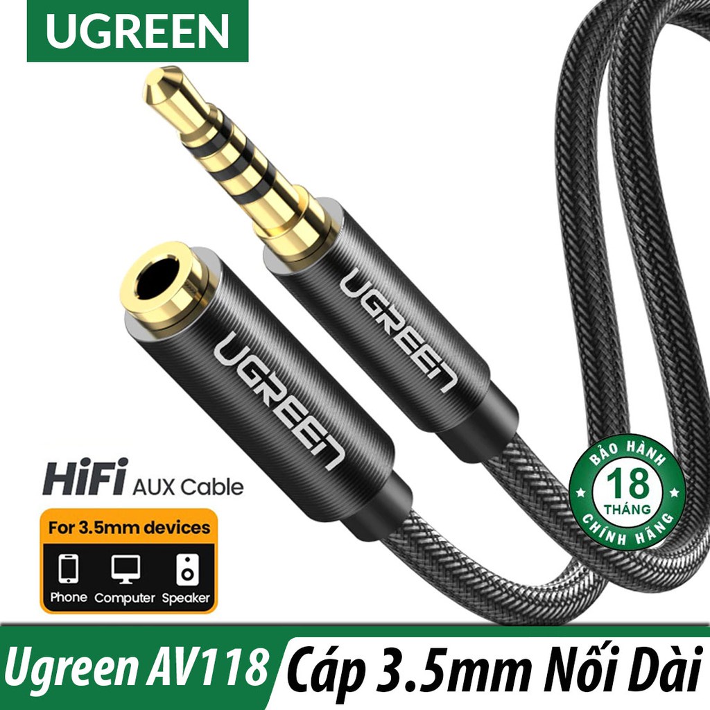 [Mã ELHACE giảm 4% đơn 300K] Dây AV nối dài 3.5mm Cao Cấp Ugreen 60845 60846 60847 AV118 (mạ vàng, dây dù) Chính Hãng