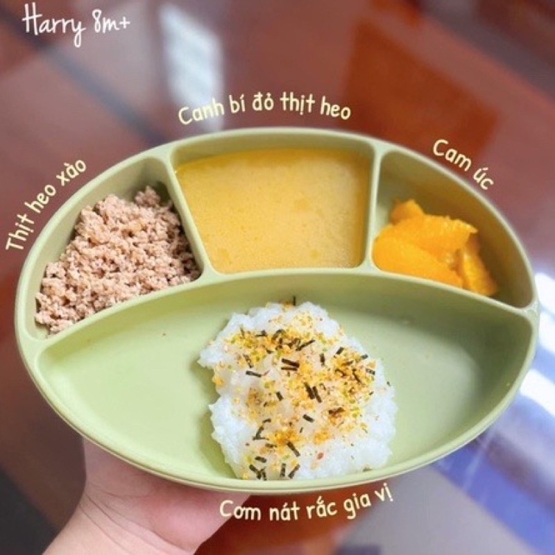 Khay ăn dặm silicone cao cấp hình oval cho bé ăn dặm, đế hít chân không chống đổ chống lật