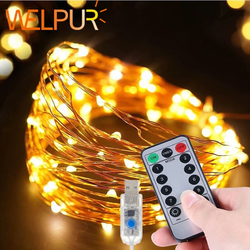 Dây đèn LED WELPUR 8 chế độ điều chỉnh khác nhau dài 10m/ 5m/ 20m trang trí phòng ngủ Giáng Sinh