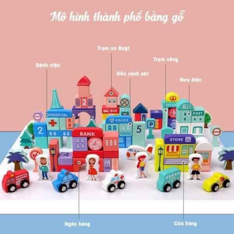 Bộ Đồ Chơi Gỗ Gỗ Tự Nhiên Mô Hình Thành Phố Thông Minh 108 Chi Tiết Cho Bé