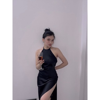 [ New ] Váy Lụa Cổ Yếm Xẻ Tà Hở Lưng Dáng Dài BABICHE