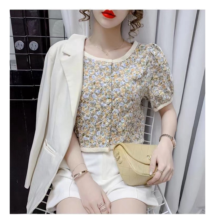 Áo Kiểu chiffon Tay Ngắn Phồng Form Rộng Họa Tiết Hoa Thời Trang Mùa Hè