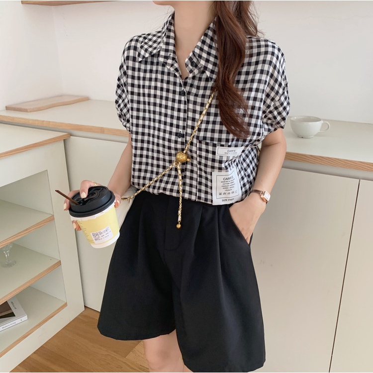 Áo Sơ Mi Cổ Chữ V Kẻ Sọc Caro Trắng Đen Phong Cách Hồng Kông Thời Trang Mùa Hè Cho Nữ