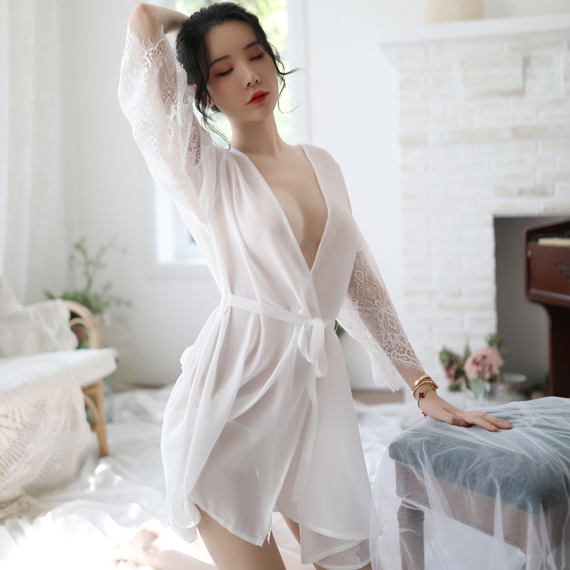 Áo choàng ngủ sexy - kimono xuyên thấu nữ trắng tinh khôi tay dài ren hoa quyến rũ gọi cảm ( CHOANGF CHOANG)