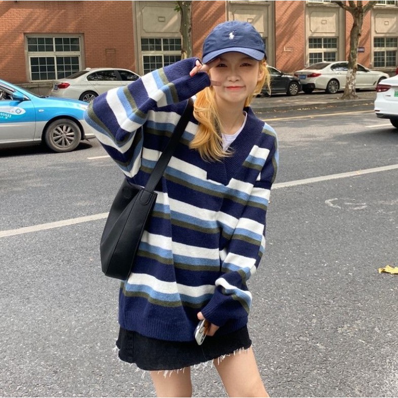 Áo Len Tay Dài Dáng Rộng Họa Tiết Kẻ Sọc Phong Cách Hàn Quốc Thời Trang Cho Nữ