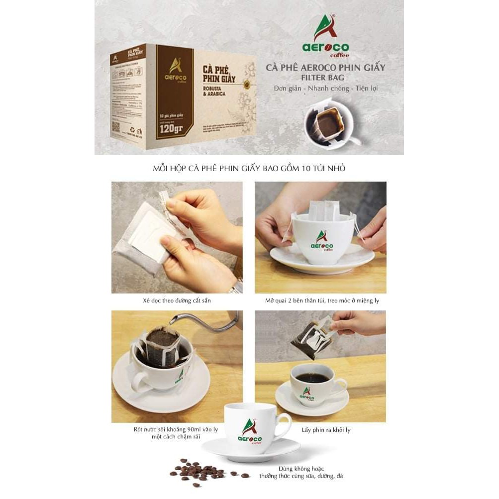 VoucherXtra5%_Cà phê phin giấy AEROCO COFFEE nguyên chất 100%, rang mộc hậu vị ngọt thơm quyến rũ, cafe túi lọc hộ