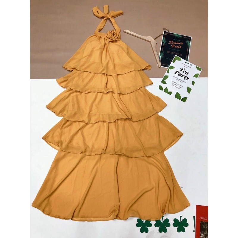 G 10g- đầm maxi i 5 tầng yếm cổ đính hoa, màu theo hình sàn