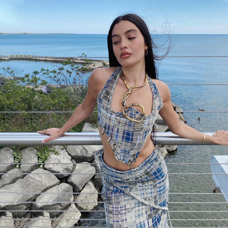 Set Áo Tank Top Sọc Caro + Chân Váy Xẻ Tà Lưng Cao Thời Trang Cho Nữ