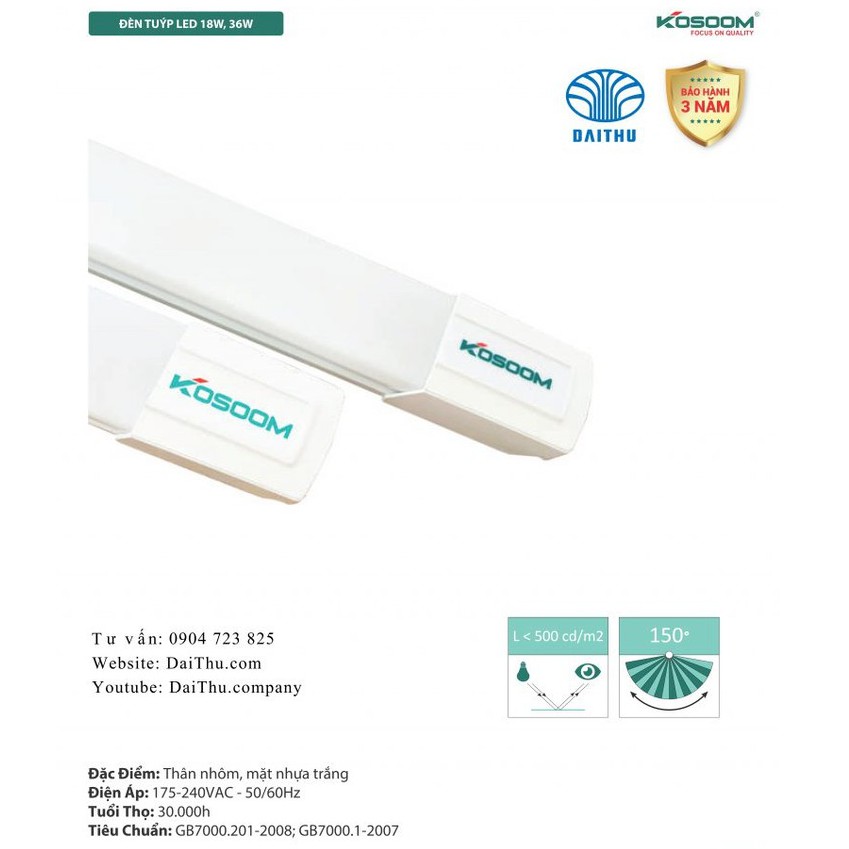 Đèn tuýp Led bán nguyệt siêu sáng 60cm BH 3 năm - Tuýp T8 liền máng đầu vuông Kosoom 18W cao cấp - Trắng 6500k
