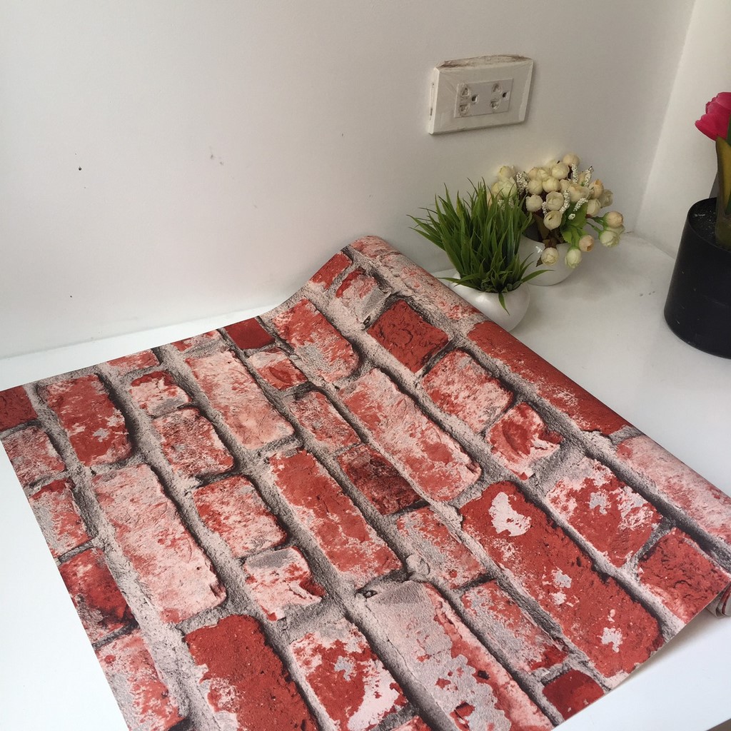 Giấy Dán Tường Giả Gạch Màu Trắng, Đỏ, Xám Đẹp, Lụa Không Keo, Khổ 10m x 53 cm