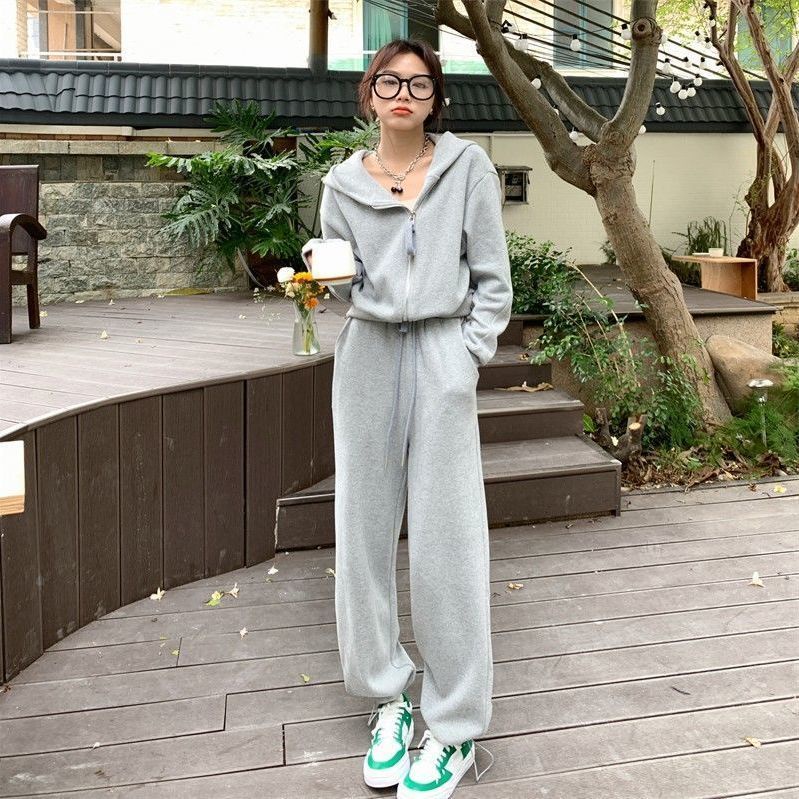 COZOK Set Áo Nỉ Dài Tay Form Rộng + Quần Dài Lưng Cao Thời Trang Nữ