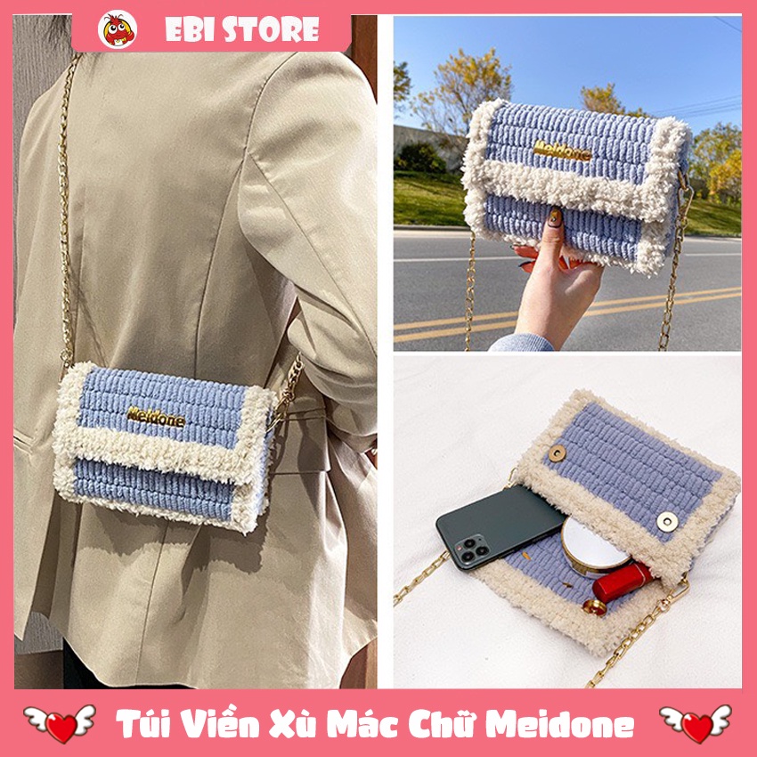 Túi Handmade Tự Đan Viền Xù Phối Màu Mác Chữ Meidone ❤️ Ebi Store - Freeship ❤️ Đầy Đủ Phụ Kiện, Dụng Cụ Đan Túi DIY