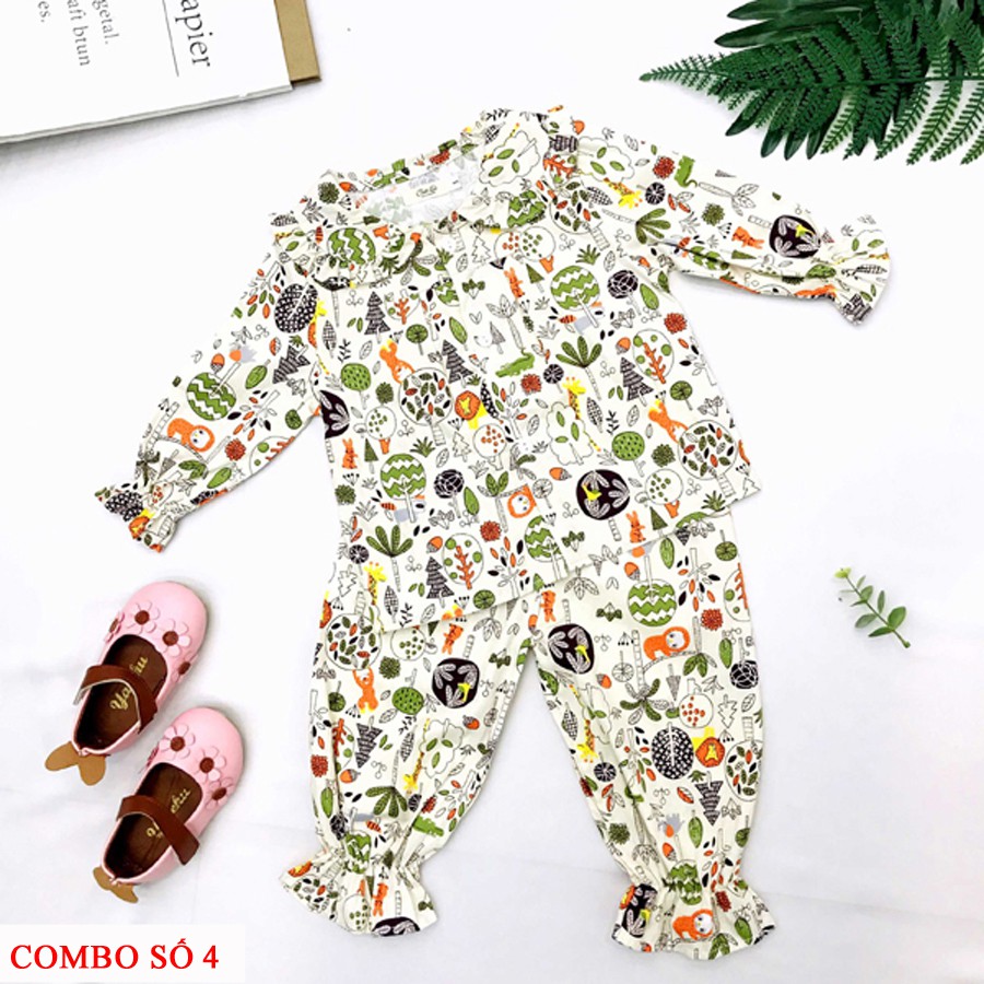 [COMBO 2] Bộ pijama thô lụa dài tay viền ren cổ bèo in hình cho bé gái