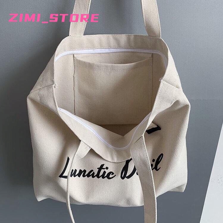 Túi tote ,  túi vải canvas Lunatic Devil phong cách Hàn quốc, có khóa miệng ngăn phụ bên trong tiện dụng ZIMI