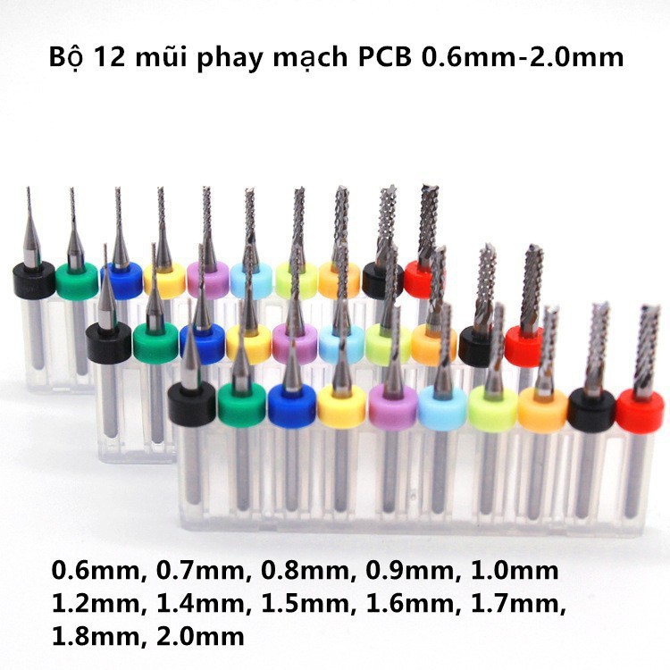 Bộ 12 mũi phay mạch PCB 0.6mm-2.0mm