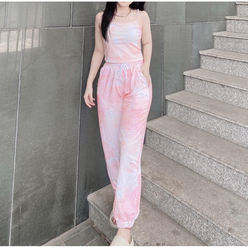 Set Hè Áo Croptop Hai Dây Jogger Loang Cam Đào Ảnh Thật