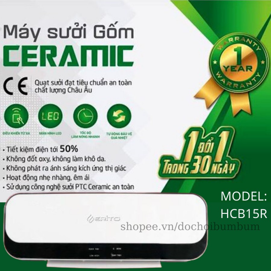 Máy sởi Gốm CERAMIC chính hãng ERITO - Model HCB15R - HCB18R -  Có điều khiển từ xa - Màn hình LED - BH 12 THÁNG