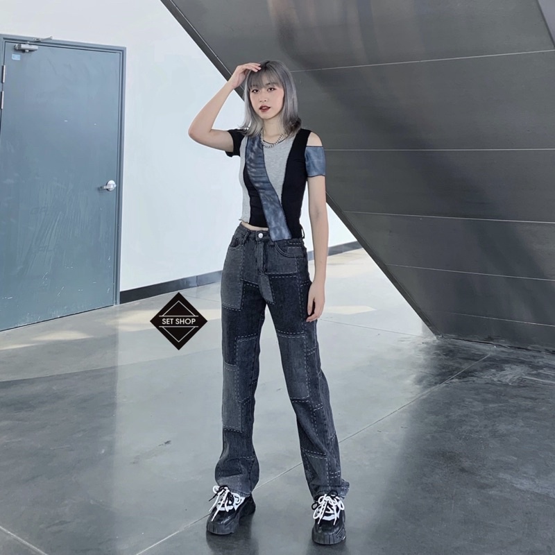 Quần jean kẻ ô phối màu đậm nhạt