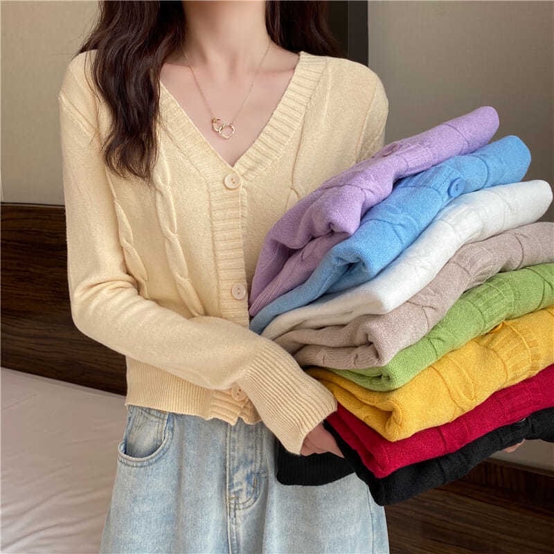 Áo Khoác Cardigan Dệt Kim Cổ Tim Xinh Xắn Cho Nữ Chất Len Tăm Phong Cách Ulzzang Hàn Quốc Nhiều Màu