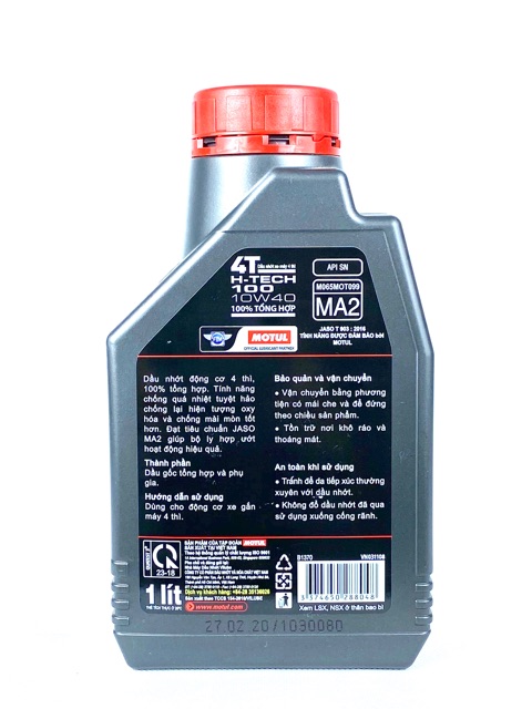 Dầu nhớt tổng hợp xe số và xe tay côn Motul H-tech 100 10W-40