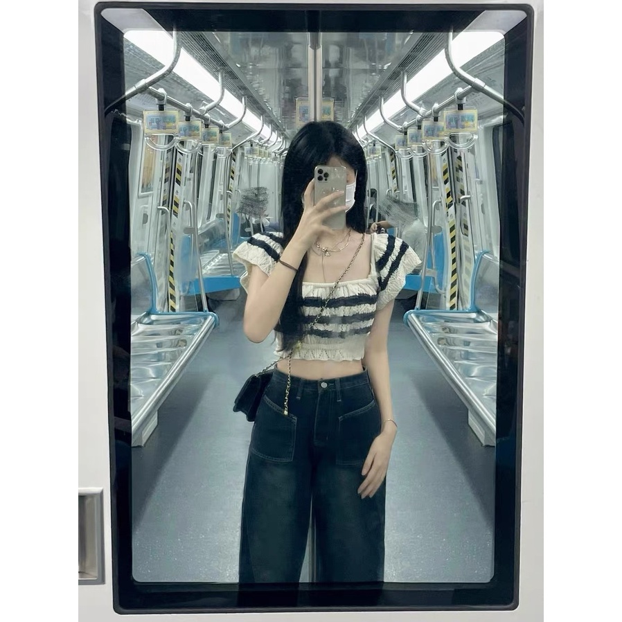 MS720 Áo crotop nữ len đan móc kẻ ngang dày dặn