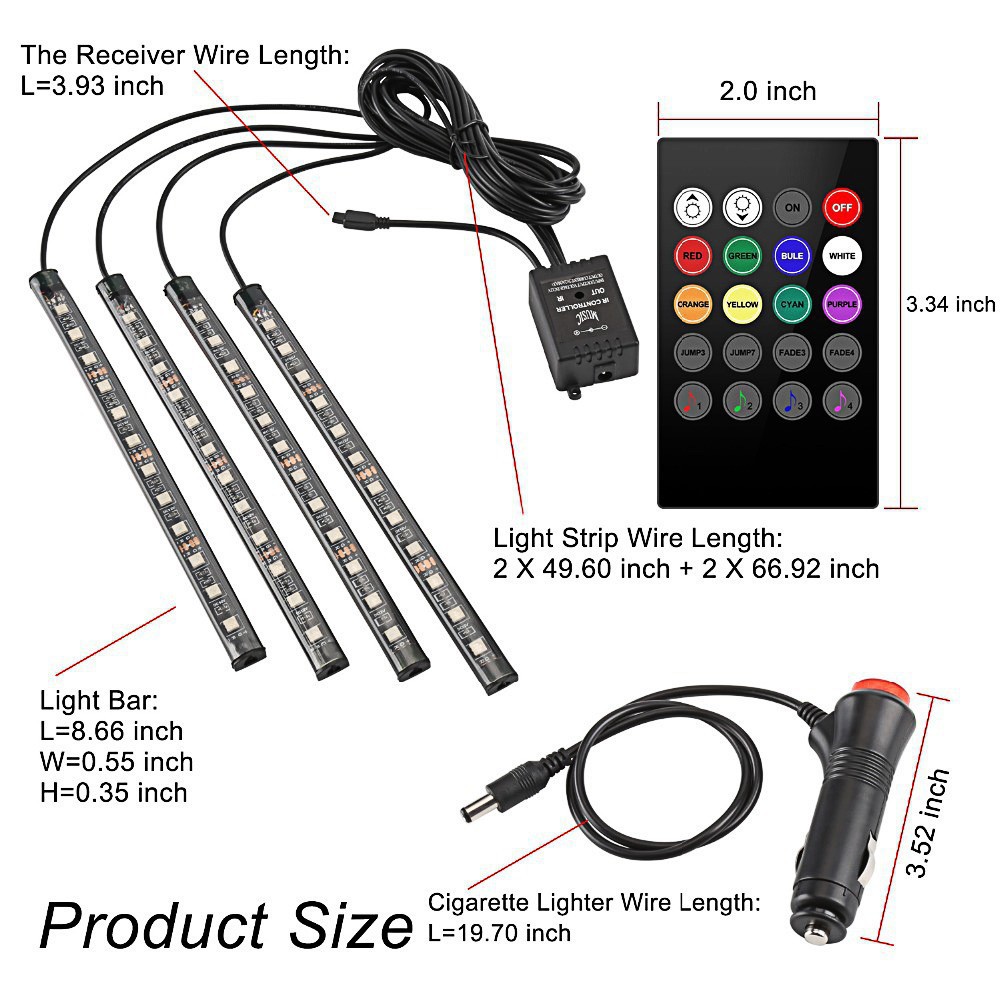 Đèn bầu không khí xe LED 4PCS 12V 5V 5050 USB RGB đèn neon đèn nội thất màu điều khiển âm thanh đèn nhịp điệu âm nhạc