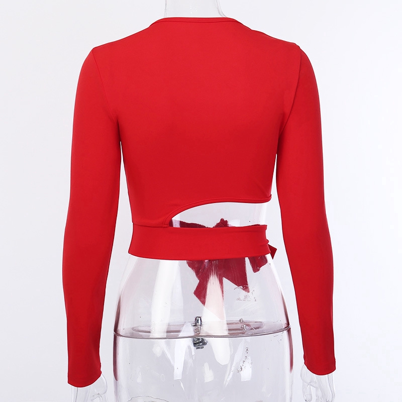 Fashion Women Slim Plain Ribbon Knot Hollow Top Scoop Neck Long Sleeve Street Tshirt | BigBuy360 - bigbuy360.vn