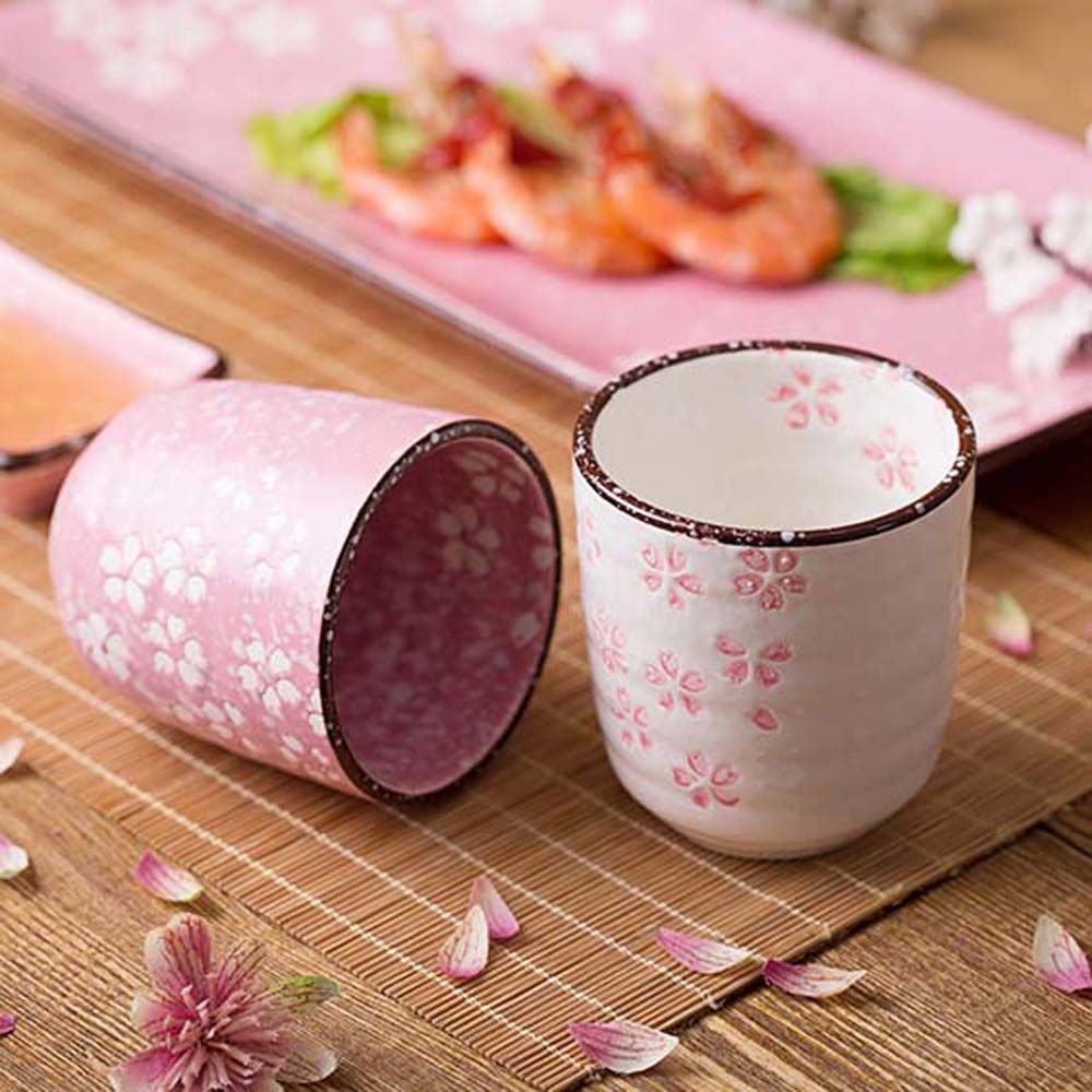 Cốc uống trà gốm sứ in hoa anh đào kiểu Nhật cổ điển