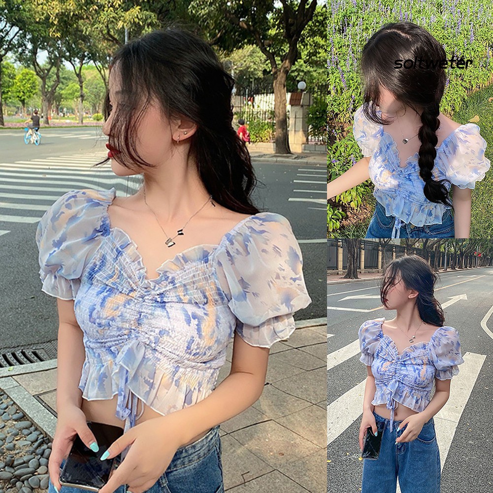 Áo Lửng Tay Phồng Rút Dây Phong Cách Quyến Rũ Dành Cho Nữ