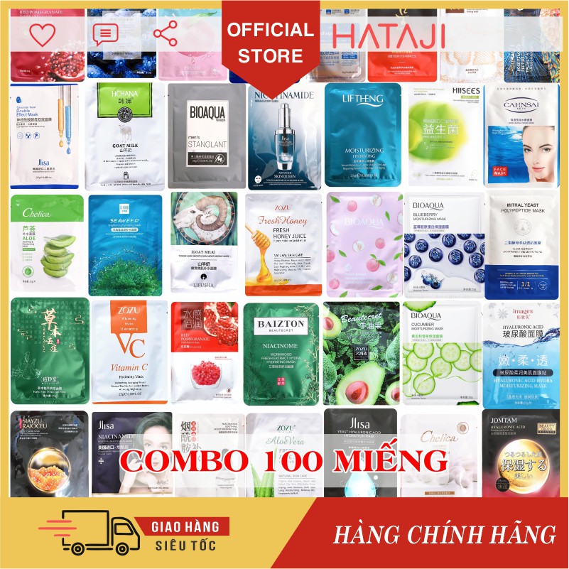 Mặt nạ giấy dưỡng da trắng da dưỡng ẩm nội địa trung nhiều loại (combo 100 miếng)