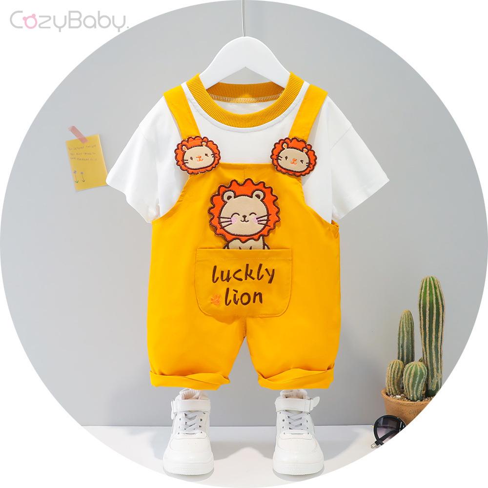 Set Áo Thun Tay Ngắn + Quần Yếm Họa Tiết Hoạt Hình Thời Trang Mùa Hè Cho Bé