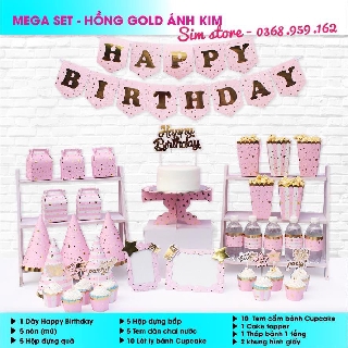 Set Mega Trang Trí Sinh Nhật Chủ Đề Người Lớn Màu Hồng Gold Ánh Kim
