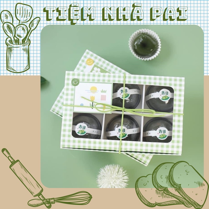 Hộp vách ngăn 6 ô màu xanh caro đựng bánh 50-80gr