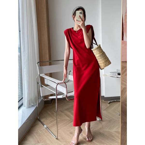 Đầm cotton maxi dáng suông xẻ tà vnxk