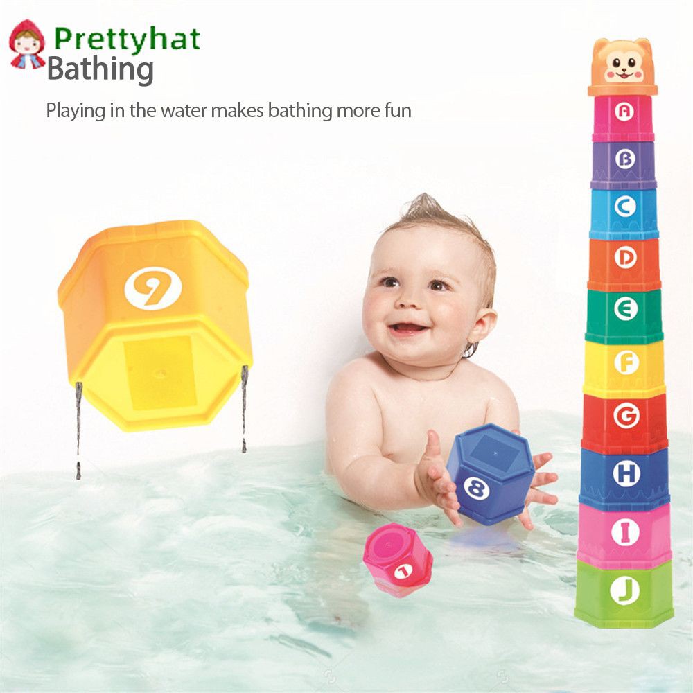 ✿ Children’s educational fun bear building blocks stacking cups alphanumeric hexagon playing water bath toy 【prettyhat】