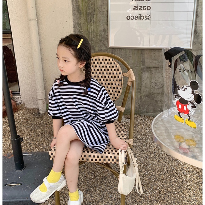 Váy cho bé gái Áo Thun Tay Ngắn Cổ Tròn Họa Tiết Sọc Ngang Dành Cho Bé Gái 1-6 Tuổi