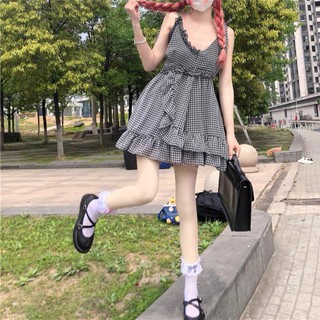 [Có Sẵn ]  Đầm 2 dây kẻ caro