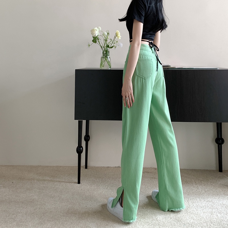 Quần Jean Dài Lưng Cao Dáng Rộng Xẻ Tà Màu Xanh Lá Nhạt Thời Trang Đường Phố Hợp Thời Trang Cho Nữ