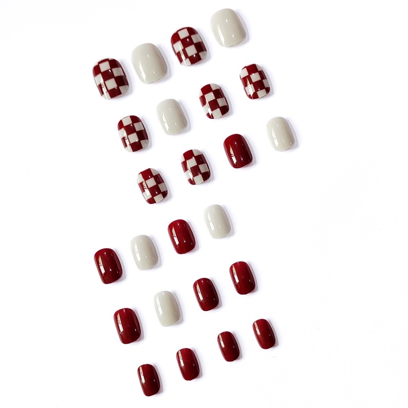 [Hàng mới về]Bộ 24 móng giả form ngắn kẻ caro trắng đỏ