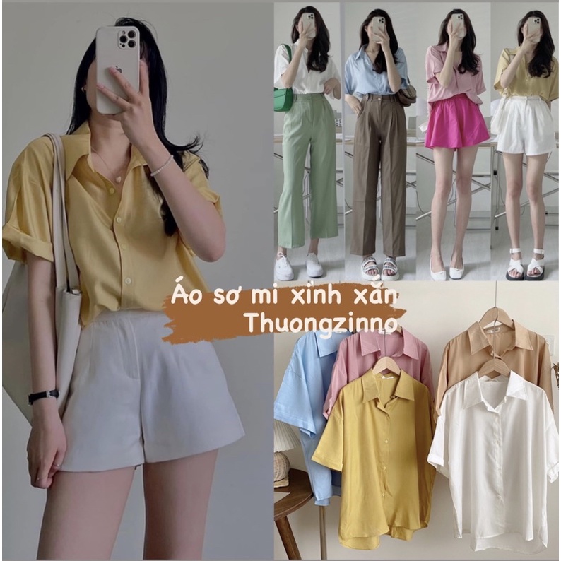 Áo sơ mi lụa Tằm cộc tay chất thái cổ đức thiết kế trơn mềm tôn dáng Áo sơ mi form rộng