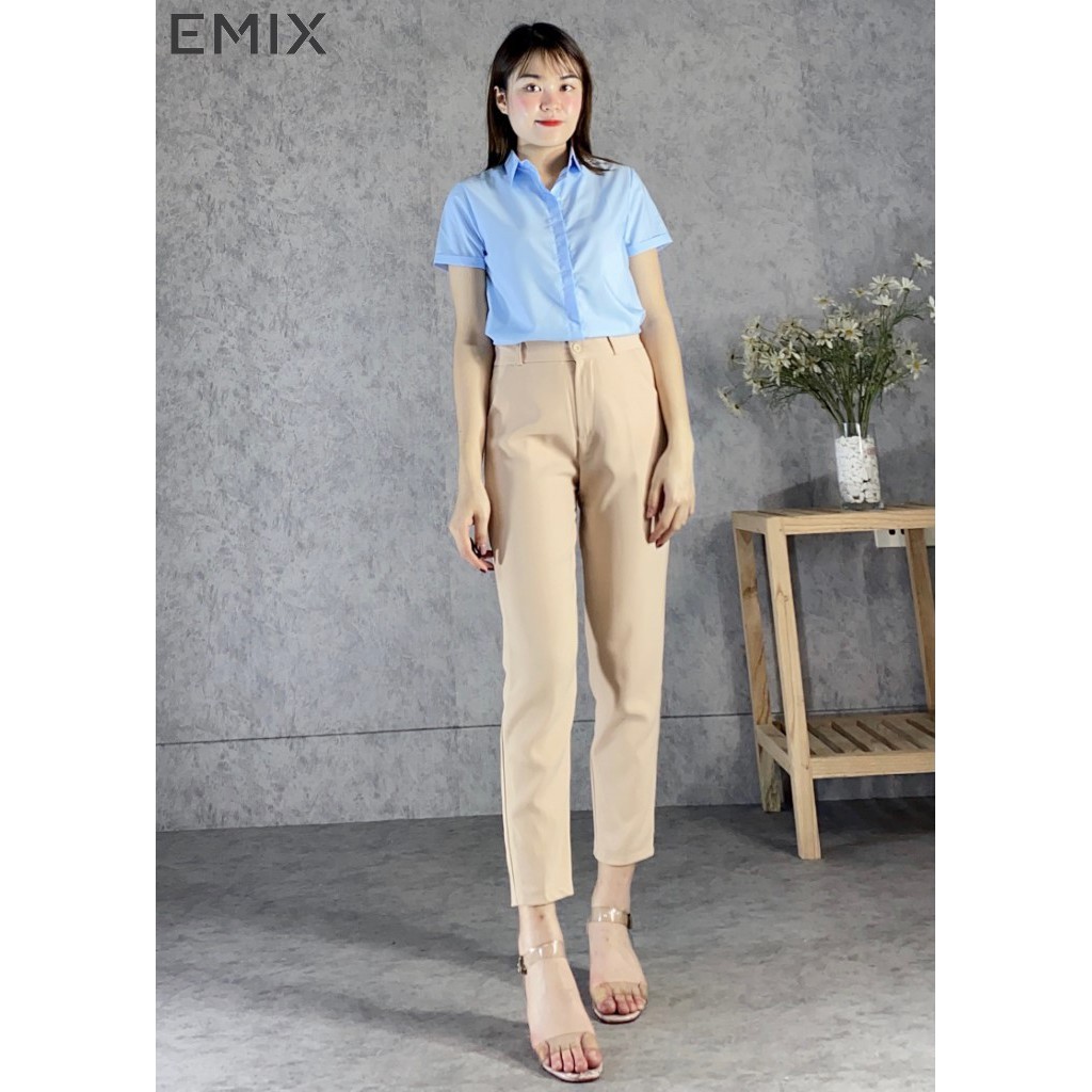 Áo sơ mi công sở cơ bản EMIX (màu trắng), dáng dài, form rộng, vải lụa thô, mềm mịn, không bai xù a66