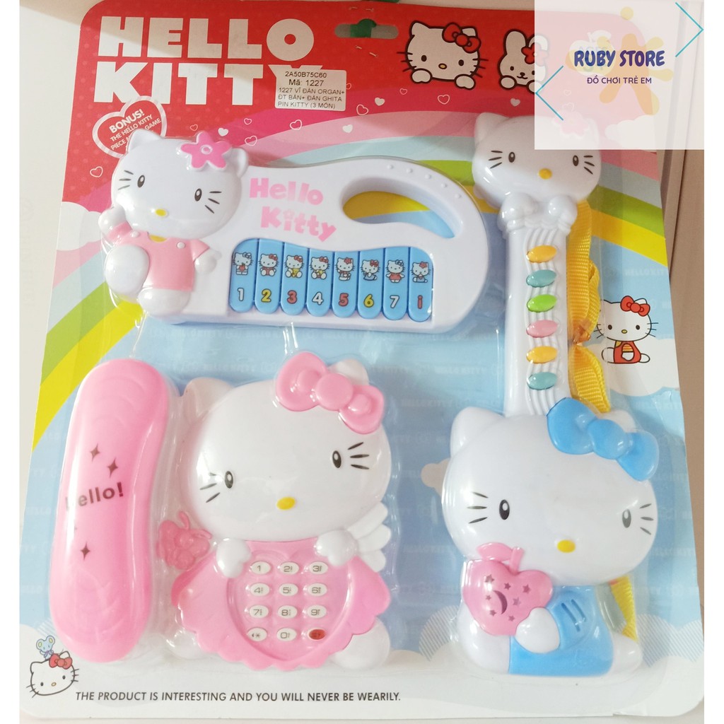 Đồ chơi THIÊN TÀI ÂM NHẠC 3 - VỈ 3 MÓN ĐÀN ORGAN, ĐÀN GUITAR VÀ ĐIỆN THOẠI BÀN HELLO KITTY (Dùng pin) SHOP MẸ BÚN