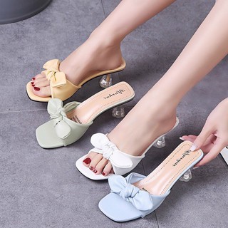 Guốc cao gót 5p gót trong suốt quai da thắt nơ
