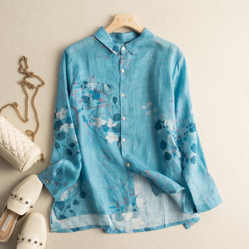 Ice tops floral cotton linen long-sleeved shirt linen foreign trade export big brand discount
