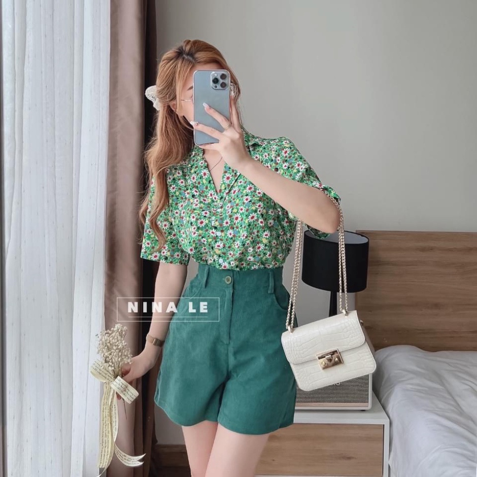 Set sơ mi xanh cúc họa mi quần short đùi LT290 0322
