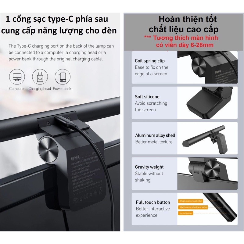 Đèn bàn treo màn hình máy tính Baseus 3 chế độ sáng,tăng giảm cường độ ánh sáng chống mỏi mắt và bảo vệ mắt
