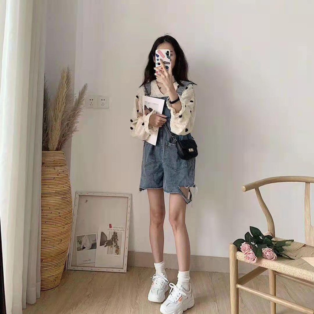 Yếm Jean gấu rách Dáng Ngắn,yếm quần  Bò đùi cao cấp thời trang Hàn Quốc.