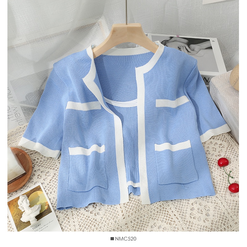 SUXI Mới Áo Cardigan Dệt Kim + Áo Croptop Phối Màu Tương Phản Đơn Giản Phong Cách Hàn Quốc