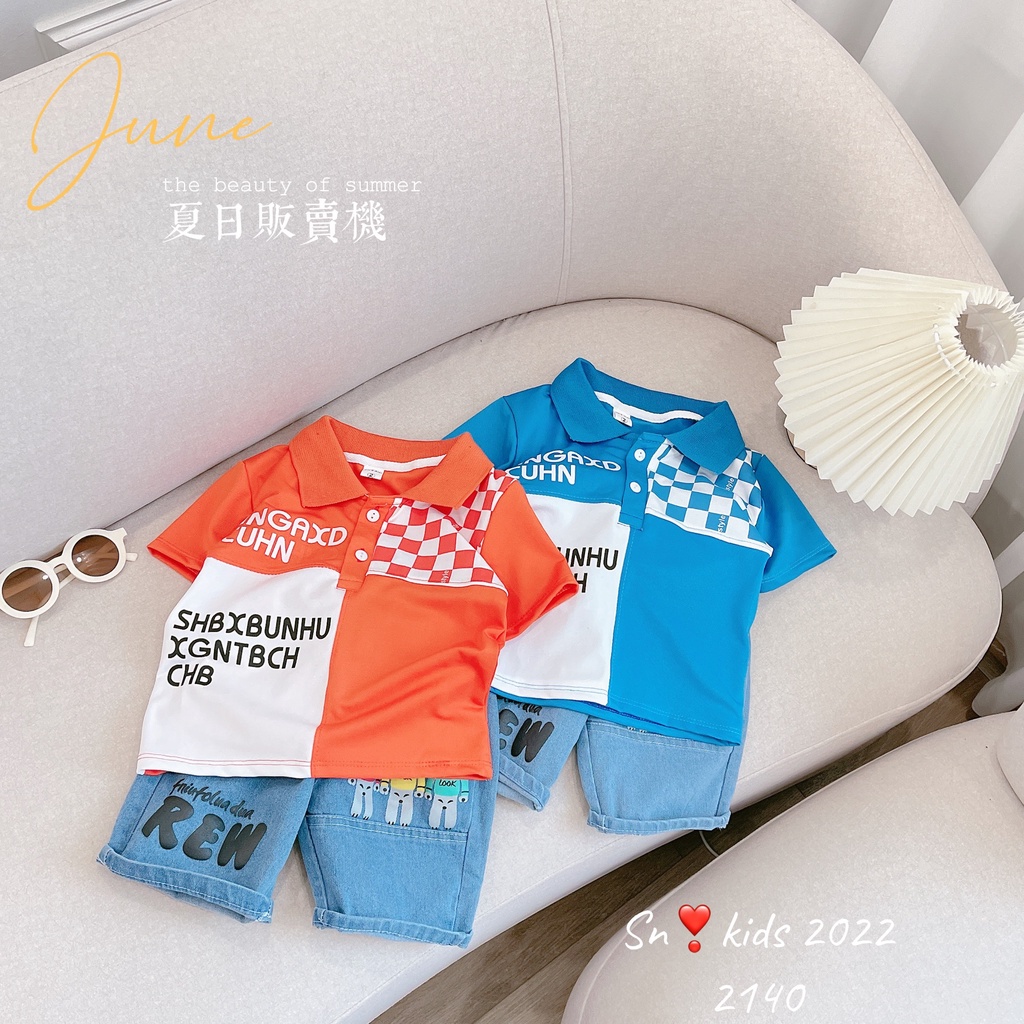 Bộ quần áo cộc tay bé trai kiểu dáng hàn quốc, set áo polo hoạ tiêt HNGAXI phối quần bò ngố cho bé size 10-32kg